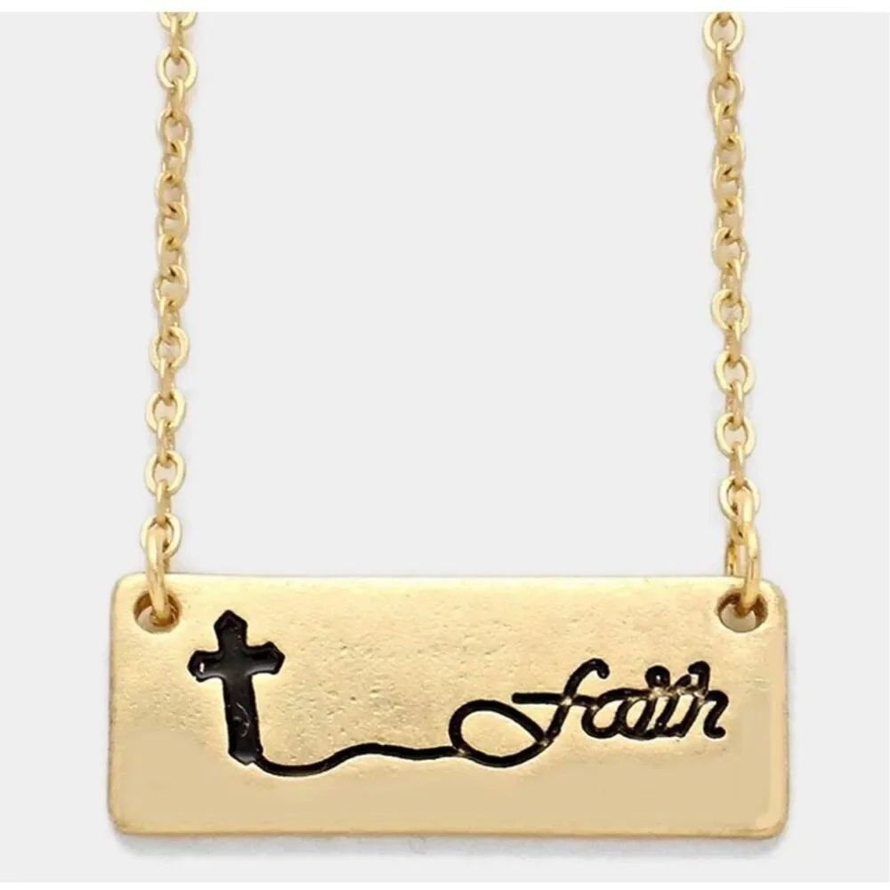 New Womens Boutique Faith Cross Accented Gold Brushed Metal Bar Pendant Necklace
